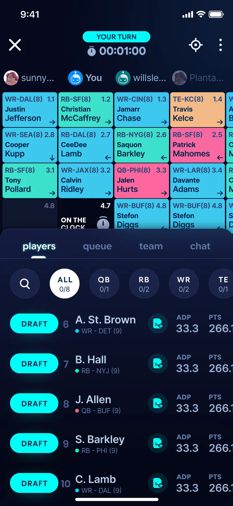 Sleeper mobile draft board showing live picks round by round.