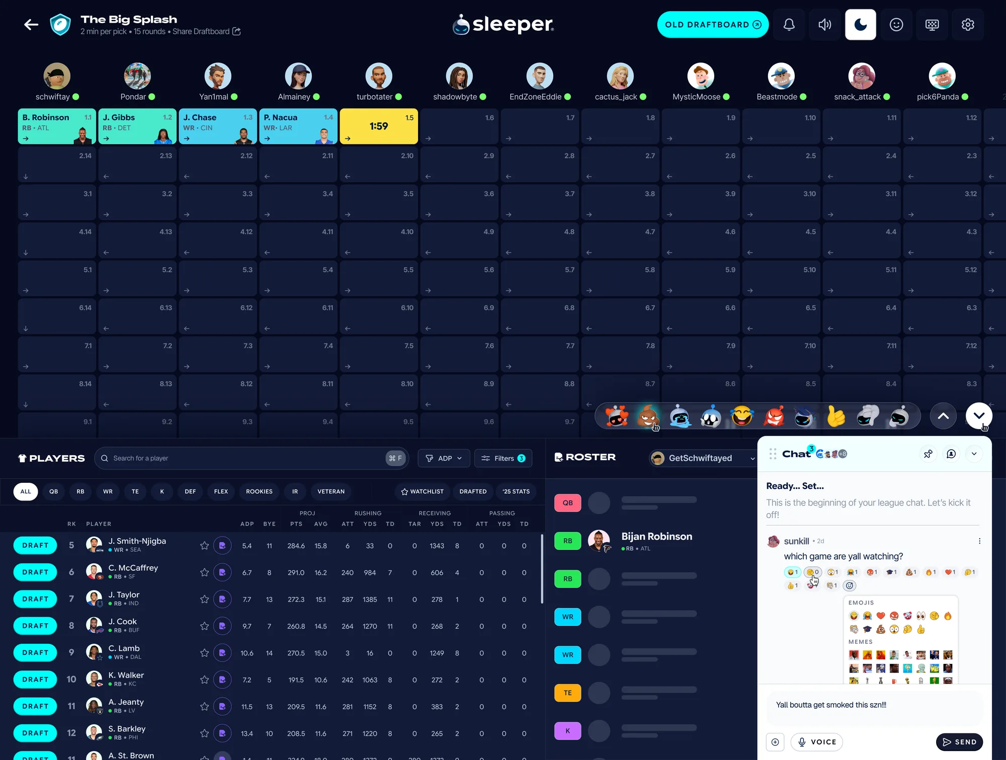 Sleeper web app draft room: a live snake draft with players on the clock, roster, queue and league chat side by side.