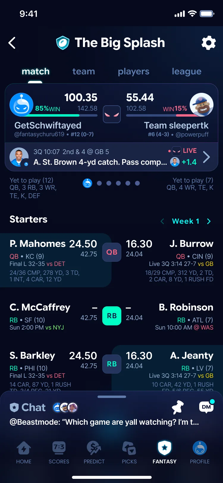 A live fantasy football matchup in Sleeper