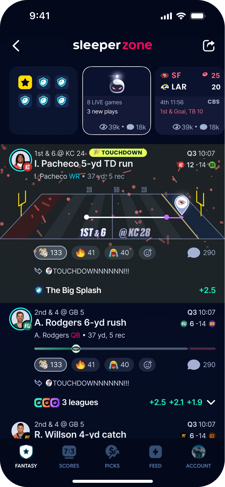 Sleeper's SleeperZone: a live game feed with real-time plays, touchdown moments, scores, and reactions.
