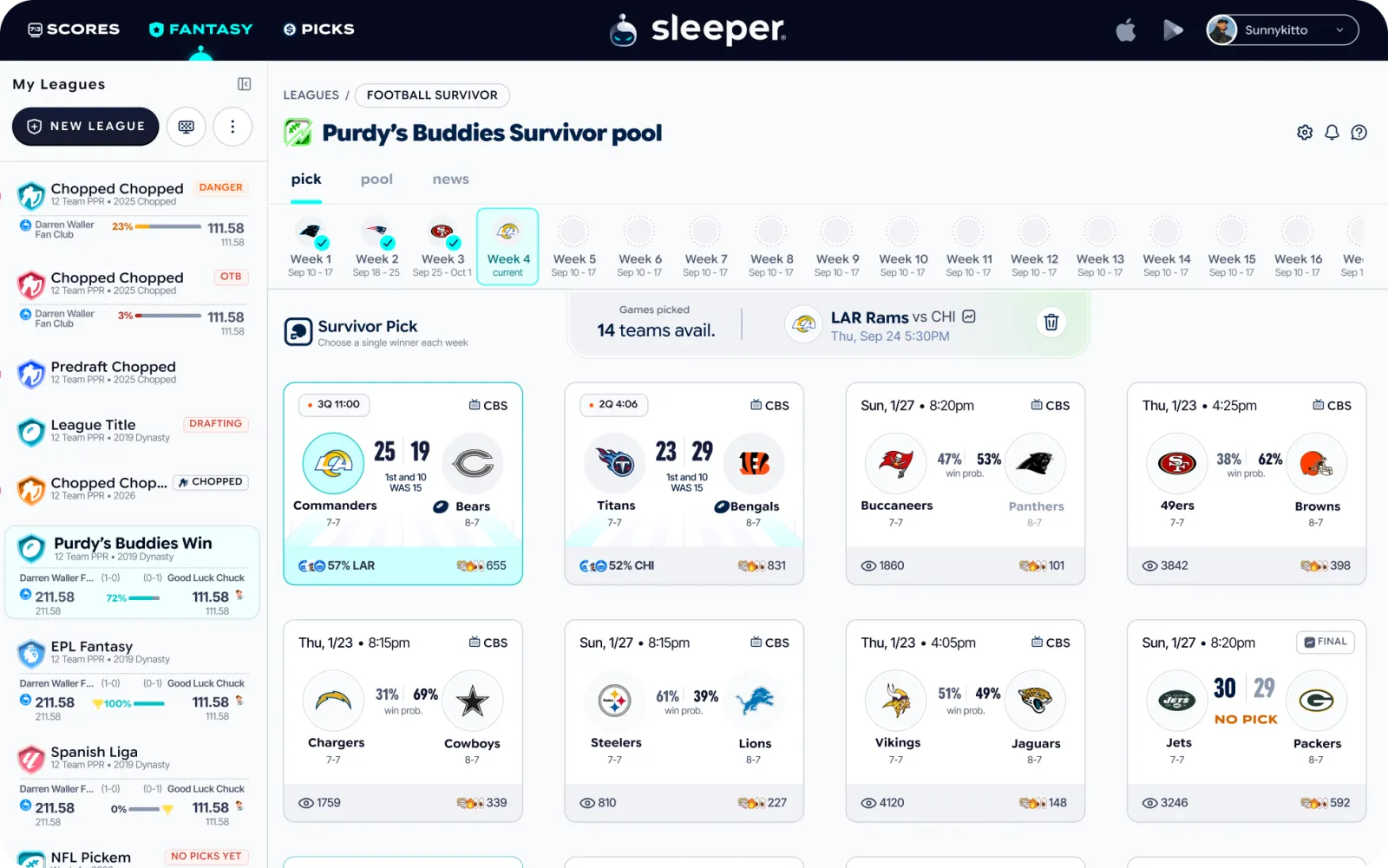 A Football Survivor pool and weekly picks in Sleeper