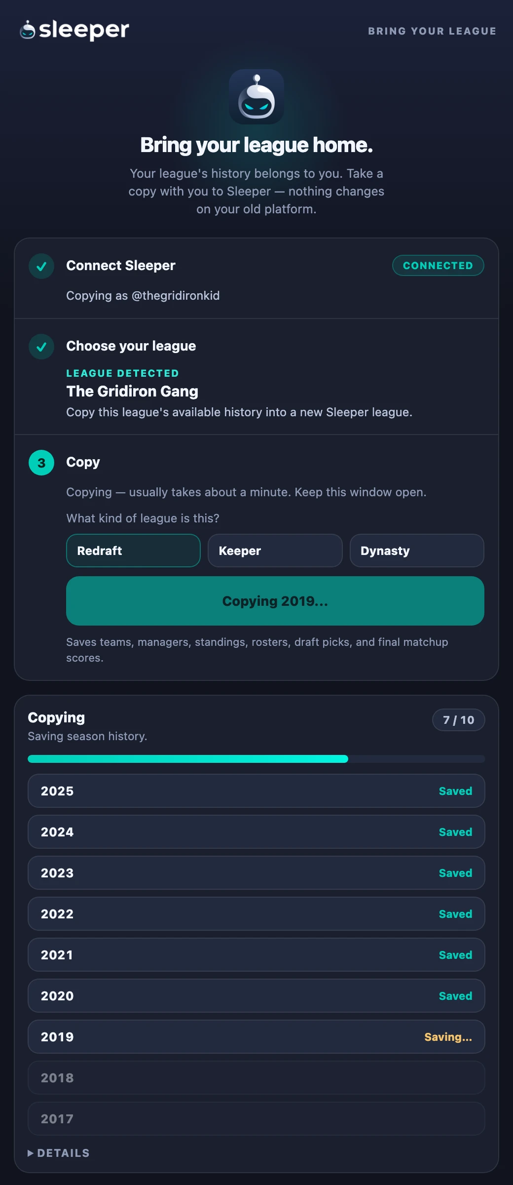 Season-by-season league history importing to Sleeper