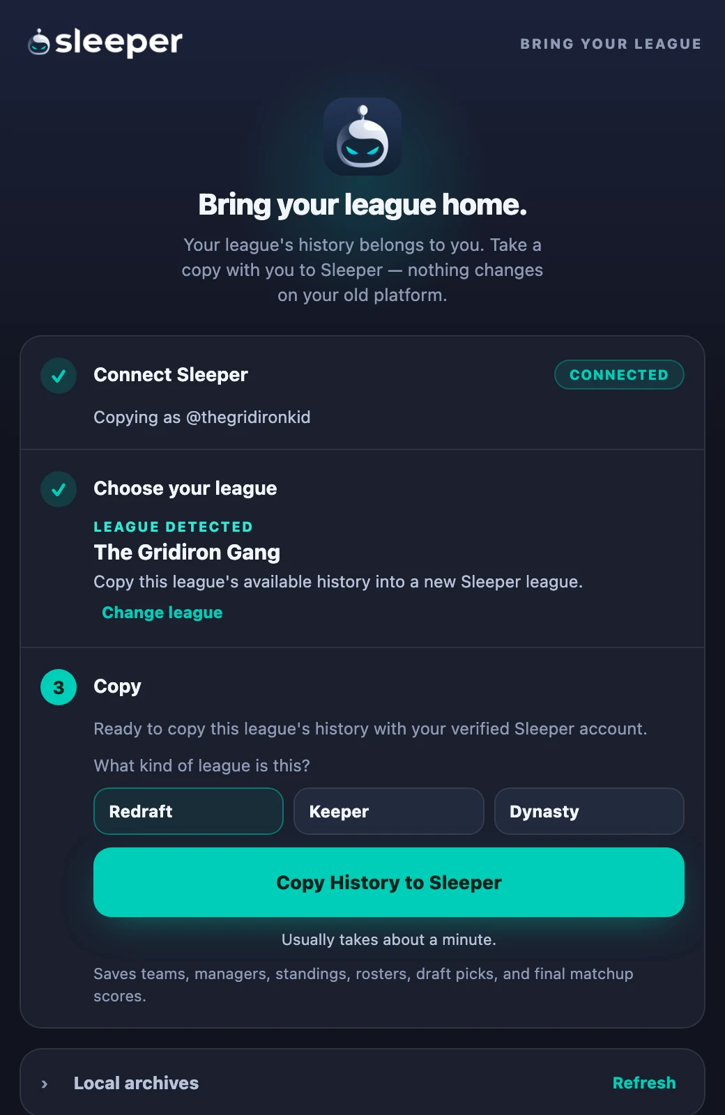 The Sleeper extension ready to import a league's history